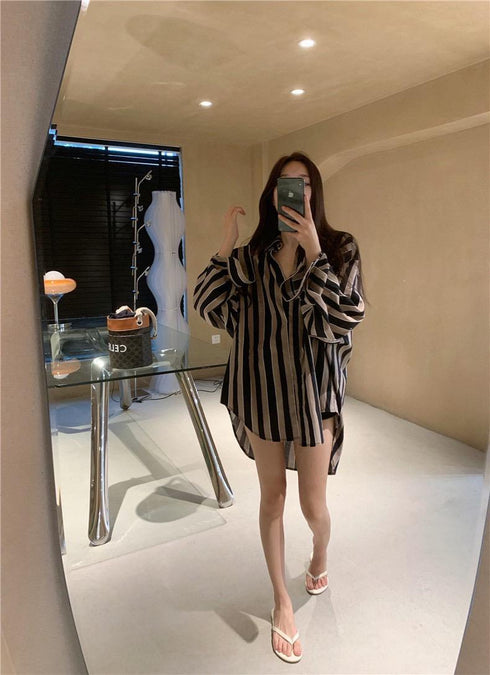 Long Sleeves Strip Collar Down Shirts
